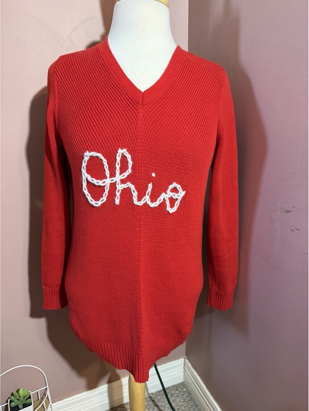 Upcycled Custom Ohio Gameday Sweater Red Ribbed V Neck Charter Club Womens S